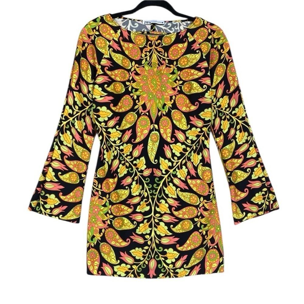 Zara Retro Print Paisley Floral Mini Bell Sleeve Cutout Mini Dress Size S Multi